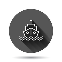 Tourism ship icon in flat style. Fishing boat vector illustration on black round background with long shadow effect. Tanker destination circle button business concept.