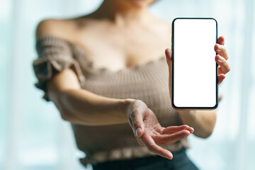 Sexy woman showing white blank display of her mobile phone.
