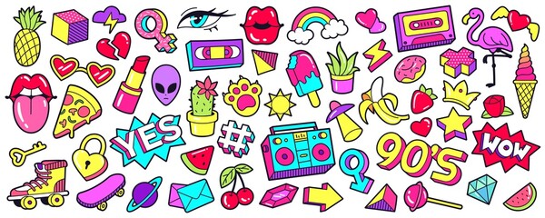 Retro 90s patches. Cartoon mouth lips, ice cream, rainbow, cherry and banana stickers, nineties pop badges and trendy 1990s sneakers vector illustration set. Colorful icons and pins in comic style. - obrazy, fototapety, plakaty