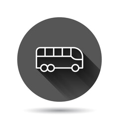 Bus icon in flat style. Coach vector illustration on black round background with long shadow effect. Autobus vehicle circle button business concept.