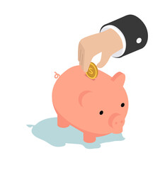 businessman hand put  piggy bank with coin  Isometric