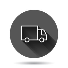 Delivery truck icon in flat style. Van vector illustration on black round background with long shadow effect. Cargo car circle button business concept.