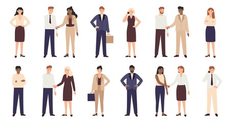 Business people shaking hands. Businessman and businesswoman have agreement. Partners complete deal, win-win situation and young office workers. Important person vector illustration set.