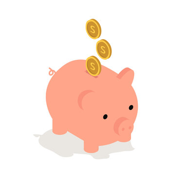 Isometric piggy bank with coin