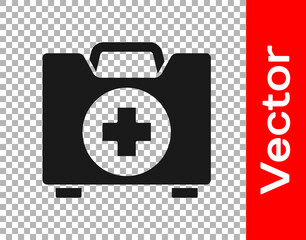 Black First aid kit icon isolated on transparent background. Medical box with cross. Medical equipment for emergency. Healthcare concept. Vector Illustration.