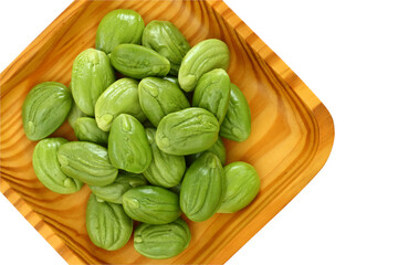 Bitter bean, Twisted cluster bean or Stink bean in wood plate on white background. thai name is sator, top view