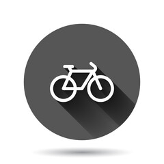 Bicycle icon in flat style. Bike vector illustration on black round background with long shadow effect. Cycle travel circle button business concept.
