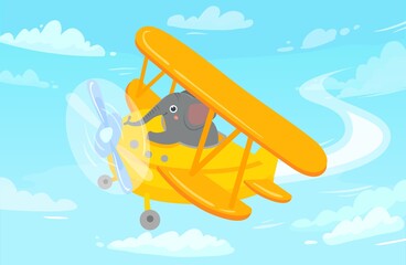 Cartoon animal pilot. Elephant in airplane. Funny baby character flying on aircraft in sky among clouds. Little elephant on plane for greeting card, book for children vector illustration.