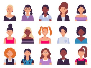 Women avatar set. Multinational girls portrait with different hair style and clothes isolated on white background. Male and female character faces, heads for social network sites vector illustration.