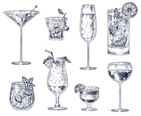 Hand drawn cocktails. Sketch alcohol drinks in glasses. Beverage such as cherry cocktail, champagne and pina colada, strawberry mojito, wine for restaurant, cafe, bar menu vector illustration set. © Tartila