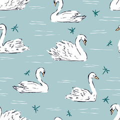 Vector seamless pattern with white swans on the lake. Hand drawn cute illustration great for scrapbook or wallpaper.