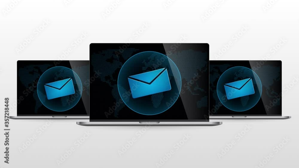Poster digital world laptop device with email message. realistic laptop monitor with mail symbol in screen 