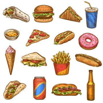 Hand drawn fast food. Sketch hot dog, pizza and donuts, burger and fries with sauce, ice cream and cola in can or cup, cheeseburger and hamburger. Junk Eating, having meal vector set.