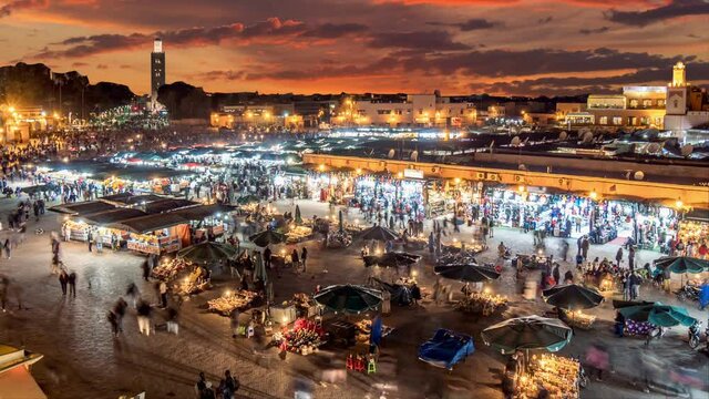 Time lapse of Jamaa el Fna (Jemaa el-Fnaa) in the evening. Marrakesh, Morocco