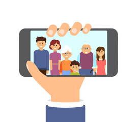 video call with family, vector illustration, picture of parents, grandparents and children on smartphone.