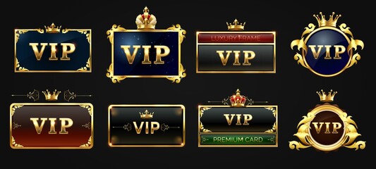 Vip frames, black label with golden glowing and square border with crown on top set. Dark premium template. Luxury design for important person, premium card, invitation vector illustration. - obrazy, fototapety, plakaty