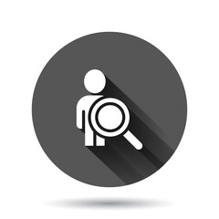 Search job vacancy icon in flat style. Loupe career vector illustration on black round background with long shadow effect. Find people employer circle button business concept.