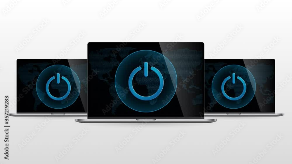 Poster digital world laptop device with power button. realistic laptop monitor with power symbol in screen 