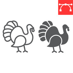 Turkey bird line and glyph icon, animal and poultry, turkey animal sign vector graphics, editable stroke linear icon, eps 10.