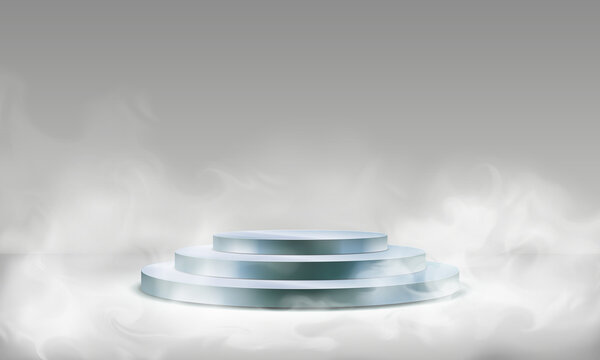 Stage podium in fog. Empty pedestal for award ceremony, platform illuminated by spotlights, stage with scenic lights vector illustration. Winner podium with lightning and smoke effect.