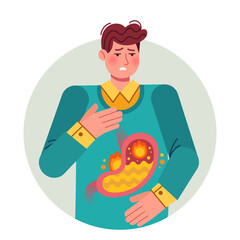 Heartburn. Gastric disease, stomach problem. Ill cartoon man having disease, feeling pain bloating abdomen gastroesophageal reflux or high acidity esophagus, flat vector illustration.