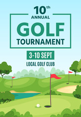 Golf poster. Green course, holes with flagsticks and sand traps, championship or tournament flyer, golf club event banner vector template. Outdoor summer spare time activity, hobby.