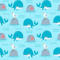 Whales seamless pattern. Cute marine animals happy orca, blue whale and seagull on stone for childish fabric print, wrapping or textile, wallpaper vector texture. Nautical background.
