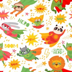 Hero animals. Superheroes animal kids with capes and masks, brave animal as frog, rabbit, panda and raccoon, lion illustration for textile or kids wallpaper seamless vector pattern.