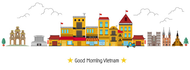 Travel to vietnam landmarks. Landscape and mountain in the flat style.