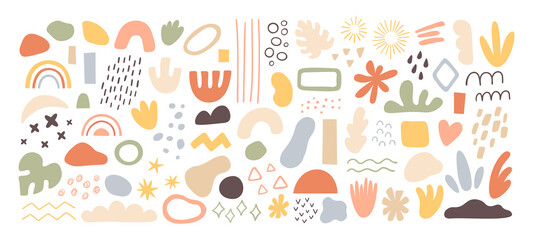 Abstract shapes and elements. Brush strokes, ink stains and grunge textures. Memphis vintage style for background. Pastel colors hand drawn modern form for banners, textile print vector set.