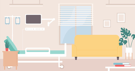 Hospital room interior. Hospital ward intensive therapy emergency, doctor office with bed and monitor, clinic equipment and furniture. Medical recreation hall concept vector illustration.
