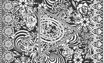 ethnic bandana print with ornamental border. Vintage textile collection.