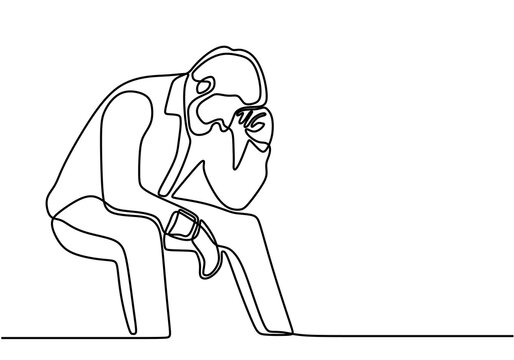 recommend clip art: Continuous line drawing of sitting young man thinking his problem. Upset male in trouble. Depression of businessman after lose a contract. Frustration and stressful entrepreneur sitting on bench.