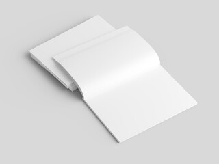 Open magazine with a glued binding. Stack of catalogues. Vertical A4 format.