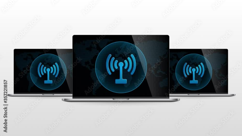 Poster digital world laptop device with wireless connection. realistic laptop monitor with signal symbol in