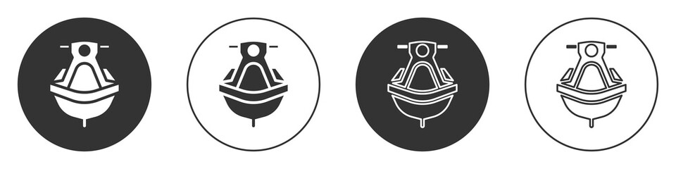Black Jet ski icon isolated on white background. Water scooter. Extreme sport. Circle button. Vector Illustration.