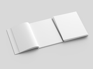 Open magazine with a glued binding. Stack of catalogues. Vertical A4 format.