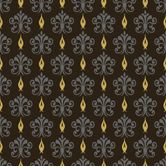 Fototapeta premium Damask seamless pattern, decorative texture, background pattern. Black, gray and gold colors. Good for textile, fabric, wallpaper, wrapping paper. Vector image