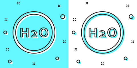 Black line Chemical formula for water drops H2O shaped icon isolated on green and white background. Random dynamic shapes. Vector Illustration.