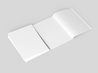 Open magazine with a glued binding. Stack of catalogues. Vertical A4 format.