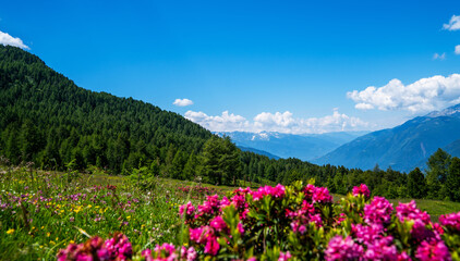 Obraz premium Panorama of beautiful countryside of Swiss Alps. Sunny afternoon. Wonderful springtime landscape in mountains. Grassy field and spring flowers. Rural scenery.
