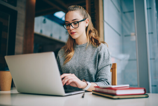 Portrait of cheerful hipster girl wear in spectacles for provide eyes protection