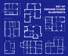 Set of floor plans blueprints. Vector unfurnished ground floor plans for your design. Suburban houses icons collection.