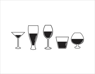 Different glass for wine, juice or beer.Vector illustration of glasses of water. Symbol glass flat style.