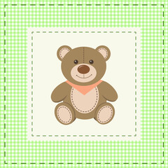 Cute teddy bear on green checkered background. Vector illustration in cartoon style