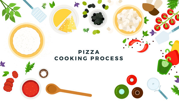 Pizza cooking process vector flat illustrations. Products and tools for pizza cooking with space for text.