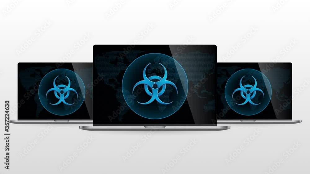 Poster digital world laptop device with virus attack. realistic laptop monitor with virus symbol in screen 