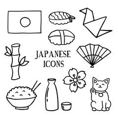 japanese doodle icons set, vector color illustration