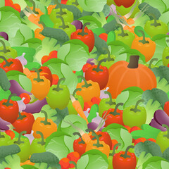 Vegetables seamless pattern. Various colourful healthy vegetables repetitive vector pattern. Carrots, pumpkins, broccolies, cabbages, paprika, tomatoes, eggplants, onions, pickles.