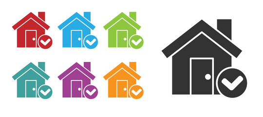 Black House with check mark icon isolated on white background. Real estate agency or cottage town elite class. Set icons colorful. Vector Illustration.